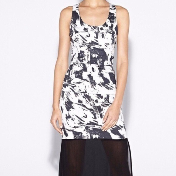 Artelier Nicole Miller Black White Abstract Brushstroke Sheer Maxi Dress 10